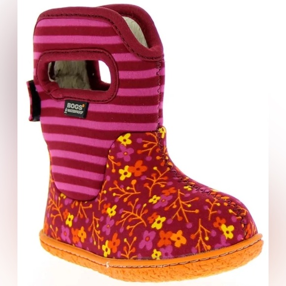 Baby Bogs Classic Flower Stripe Boots Girls 4 Waterproof Insulated Winter Velcro - Picture 8 of 12